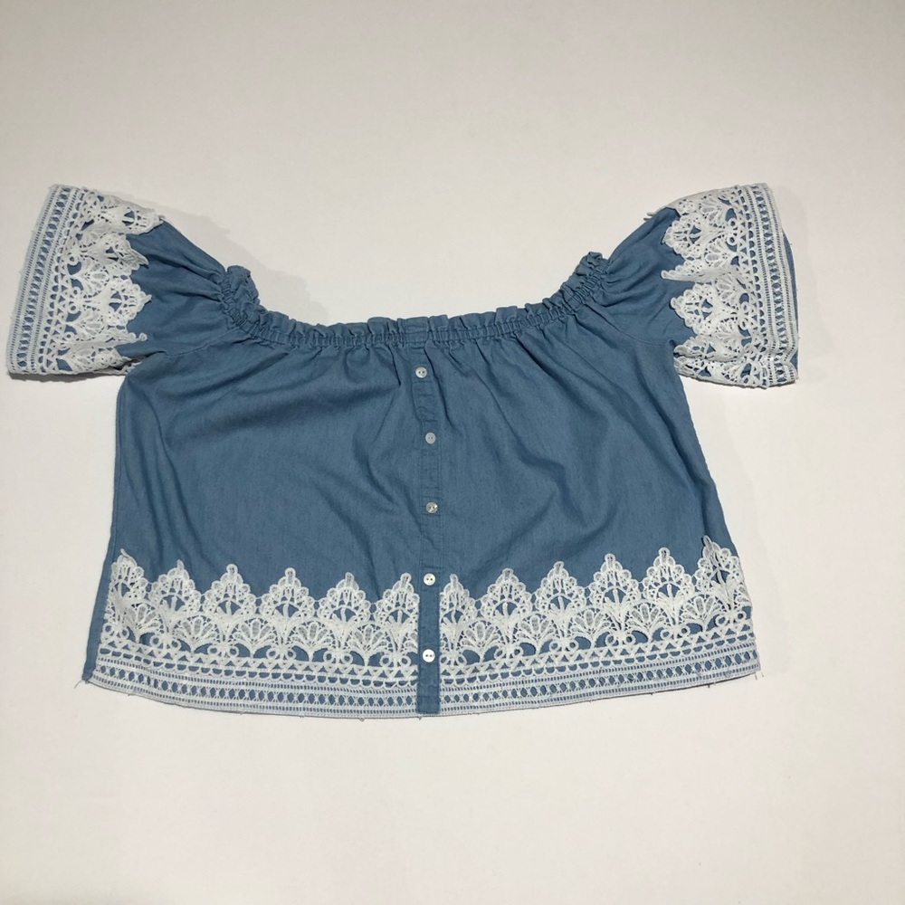 Love J Women's Blue Boho Off-Shoulder Lace Trim Crop Top Size Small
